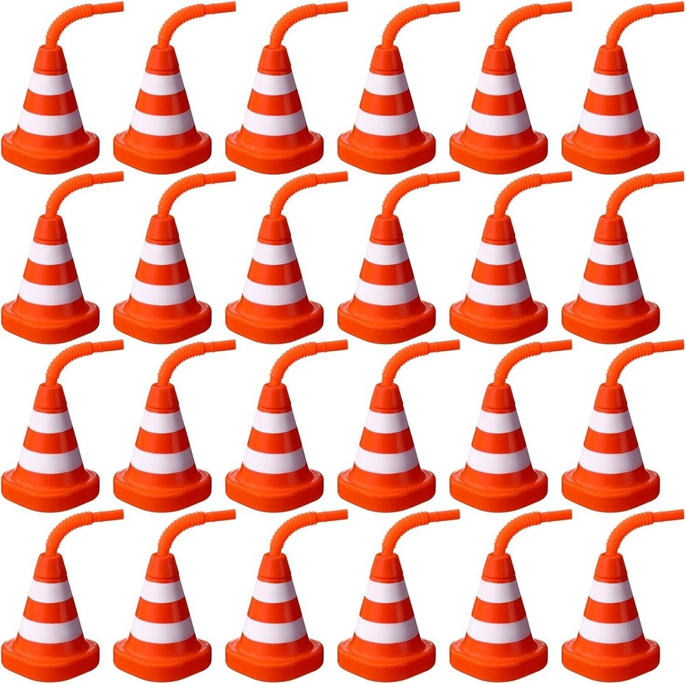 Colorful 24-Pack Construction Cone Straw Cups for Kids Birthday Parties