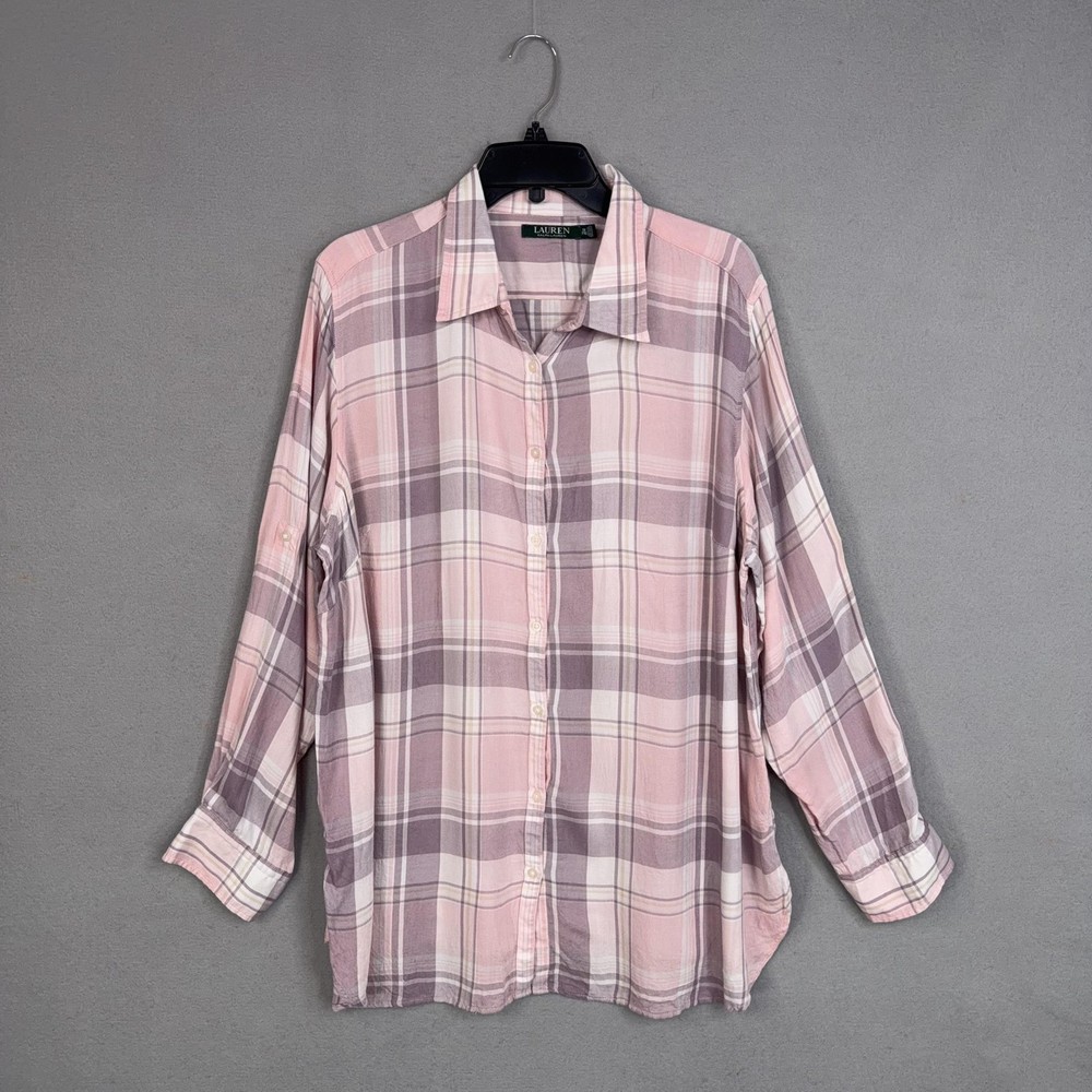 Lauren Ralph Lauren Shirt Womens 2X Pink Plaid Flannel Tunic Button Up Top