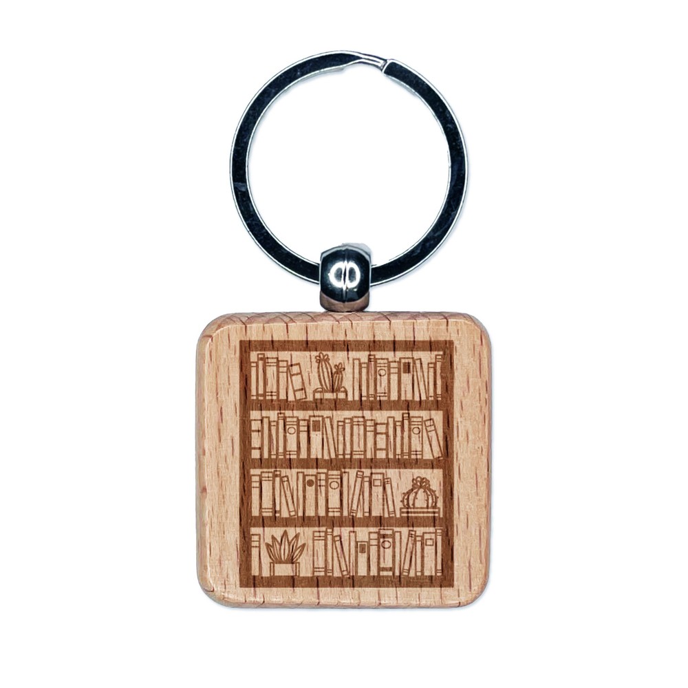 Bookcase of Books Engraved Wood Square Keychain Tag Charm