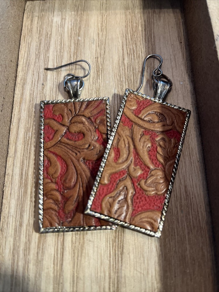 Embossed Leather Rectangle Pendant and Earring Set of 2