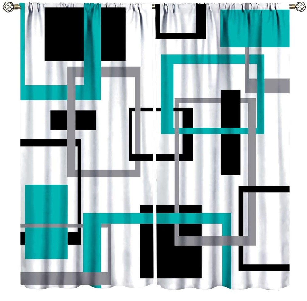 Teal Curtains Mid Century Modern Turquoise Abstract Aqua Black Grey Geometric...