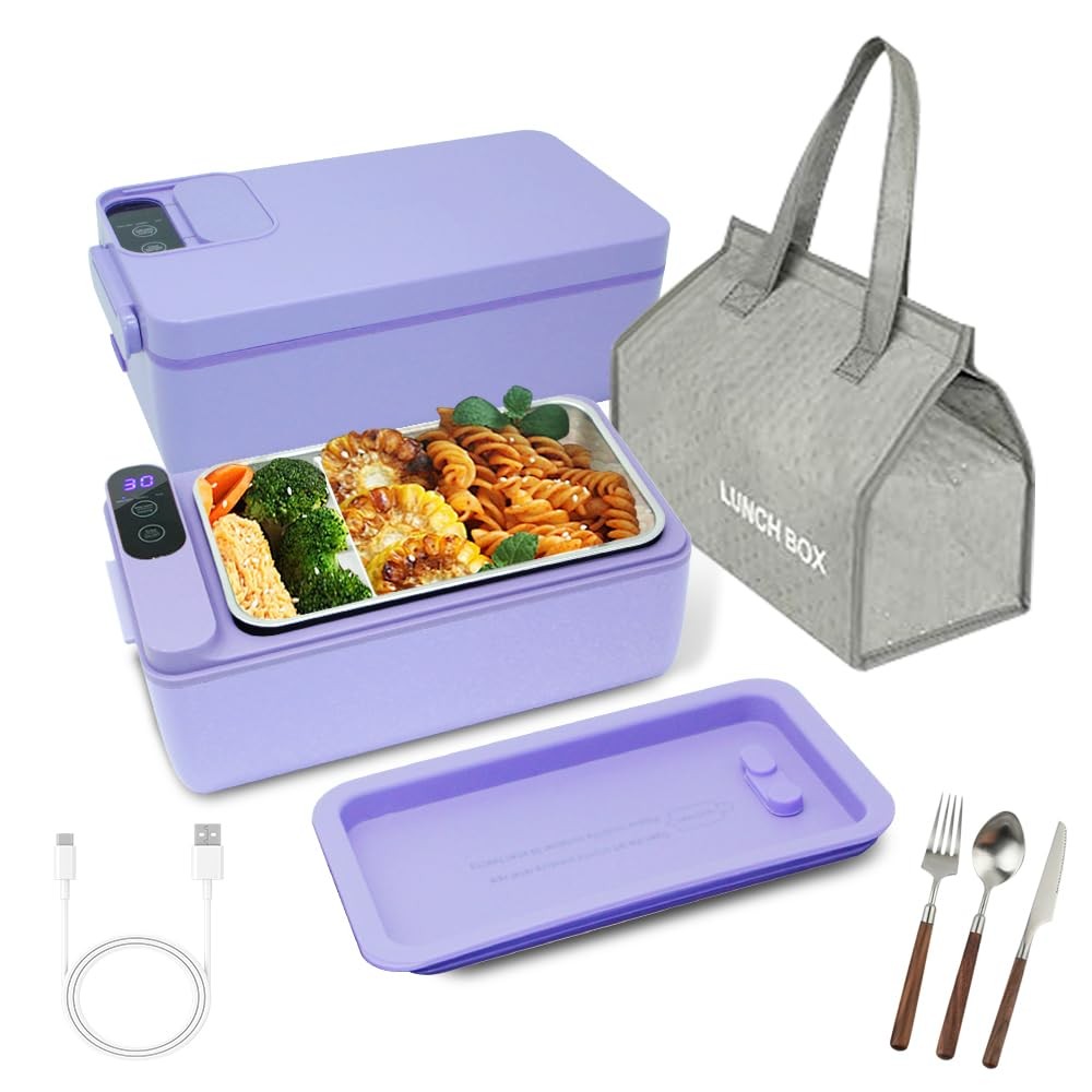Cordless Electric Heated Lunch Box, 1L, Purple, Battery Powered, Adjustable H...