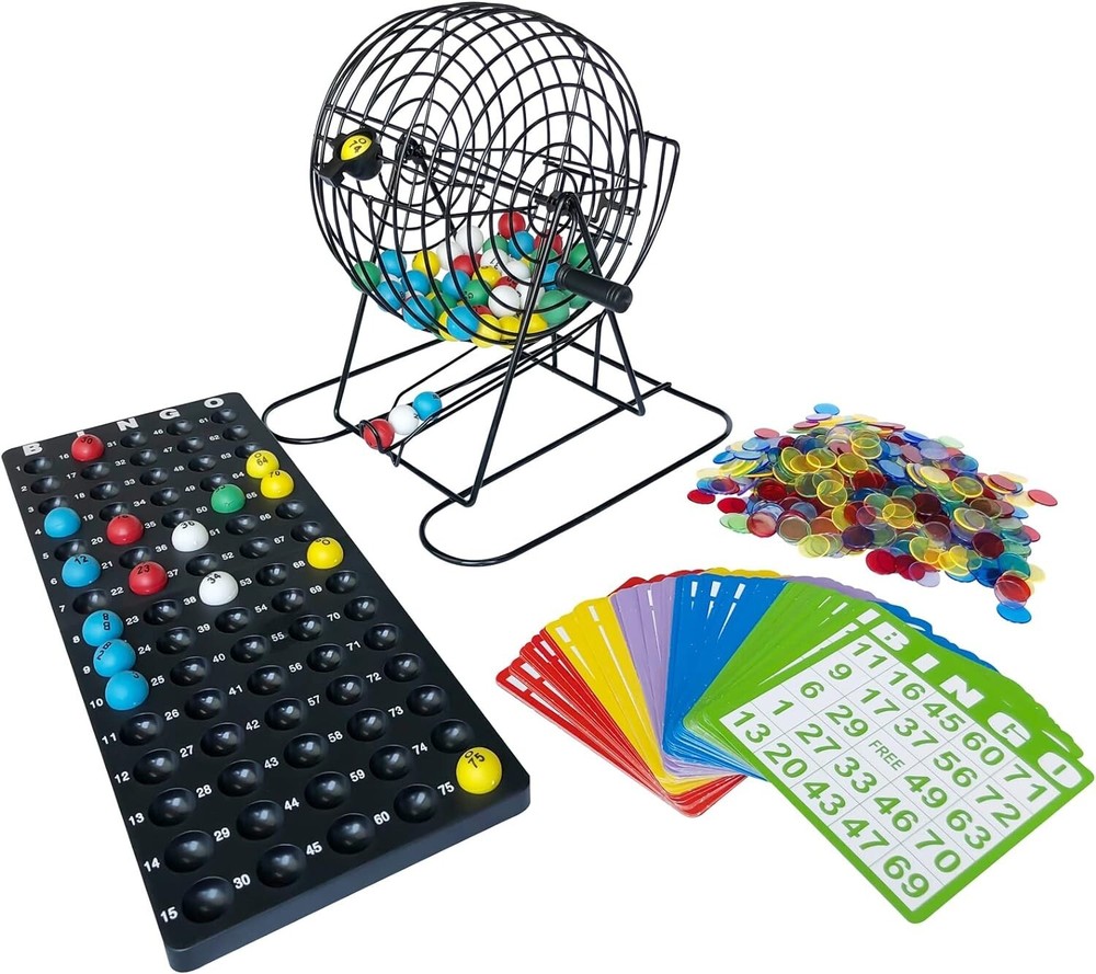 Jumbo Bingo Set with 11in Cage 500 Chips and 100 Cards for Group Fun