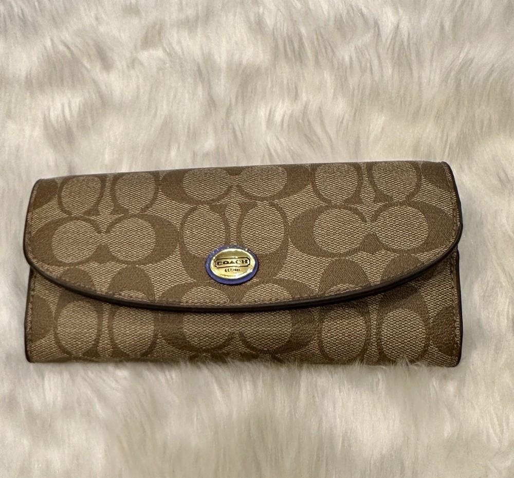 Coach Peyton Signature Envelope Wallet with Pouch in Khaki Navy Excellent Condition