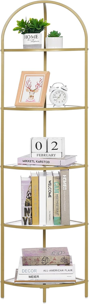 5-Tier Corner Shelf Stand, Metal Corner Bookshelf, Tempered Glass Shelves, Bathr