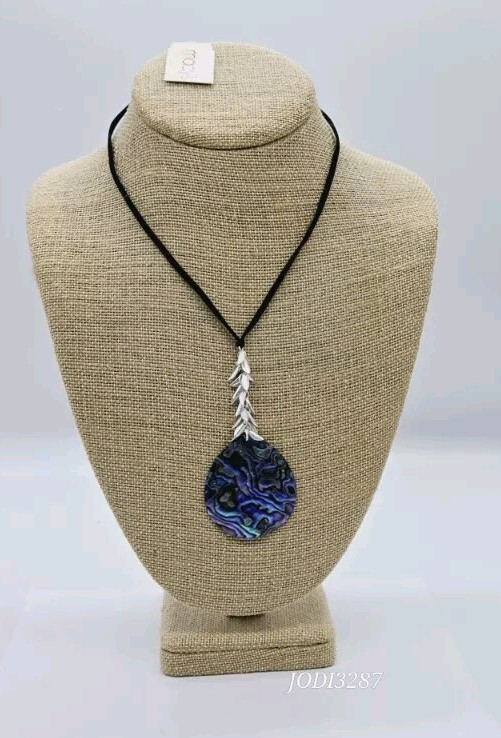 Abalone Shell Necklace Black Cord Silver tone Statement 18 in PEACOCK