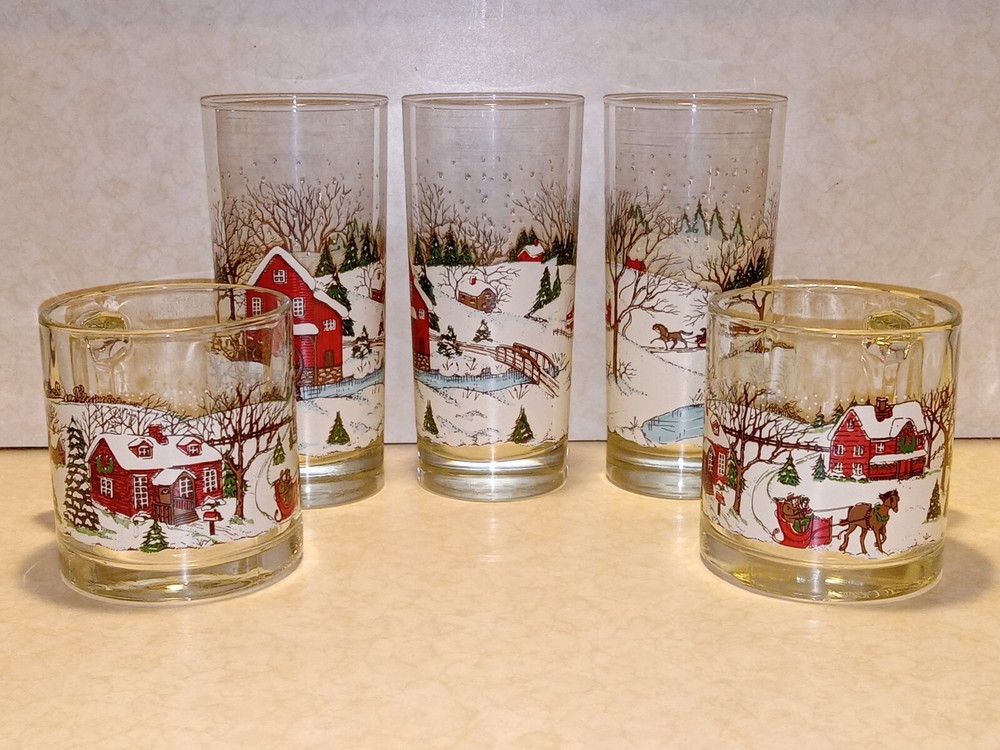 Vintage Libbey Set Of 5 Winter Village Scene 2mugs & 3drinking Glasses
