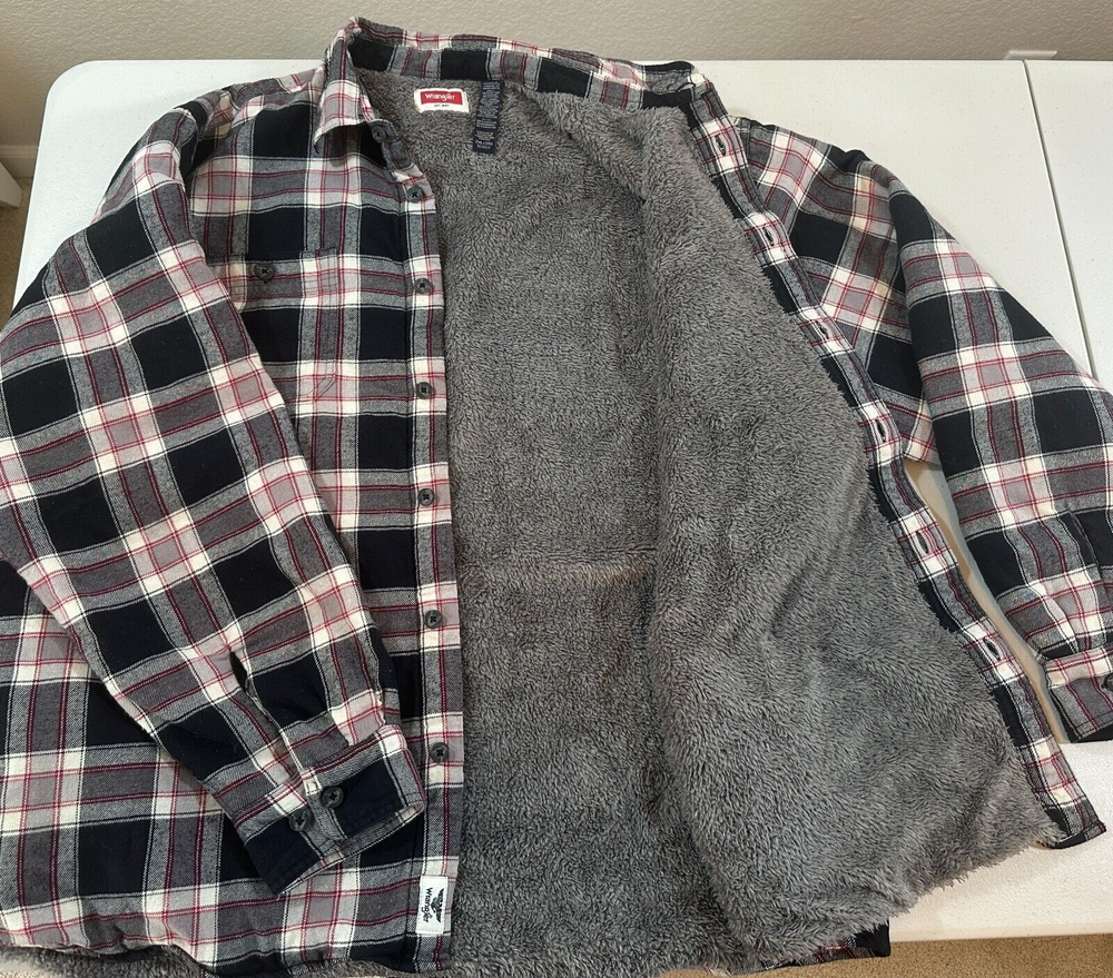Wrangler Heavyweight Sherpa Lined Plaid Flannel Shirt Jacket Cabincore Mens 2XL
