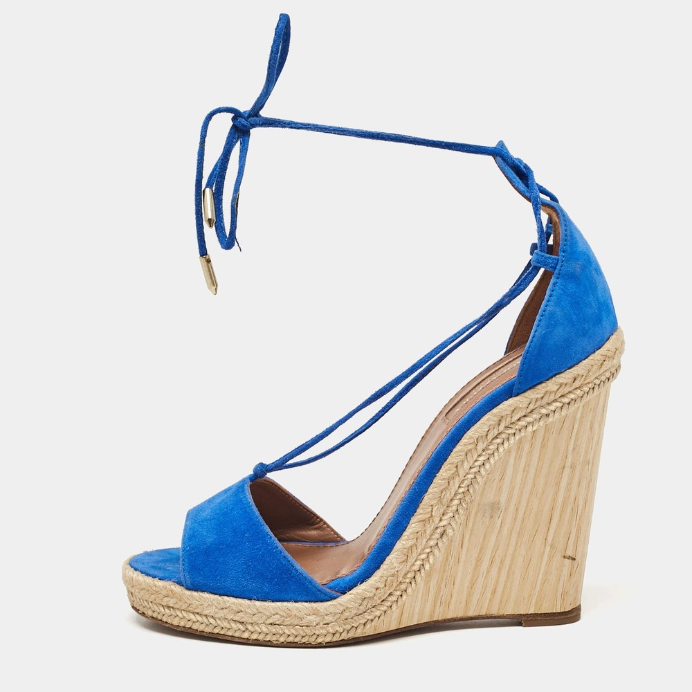 Aquazzura Blue Suede Ankle Tie Wedge Sandals Size 38