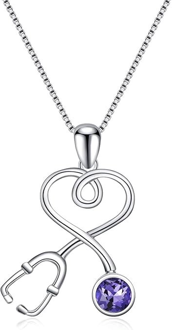 Sterling Silver Stethoscope Necklace Doctor Nurse Gifts Simulated Amet...
