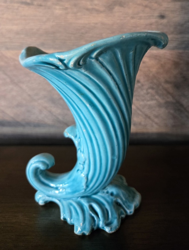 VTG Mid Century Italian Pottery Cornucopia Vase Turquoise Glaze  Italy