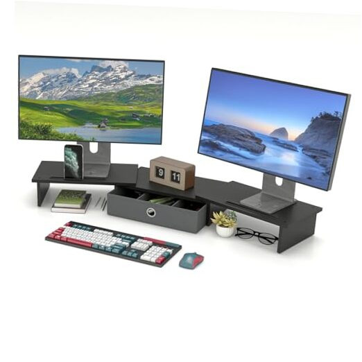 Dual Monitor Stand Riser with Drawer for Desk, Wooden Computer Monitor Stand