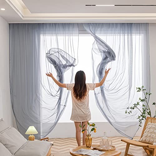 Dark Grey Sheer Voile Window Curtains 95 Inch Length 2 Panels Light Filtering