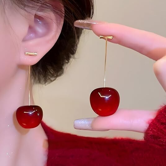 Red Cherry Dangle Earrings Cute Fruit Gold Drop Earrings Cherry Drop Earrings