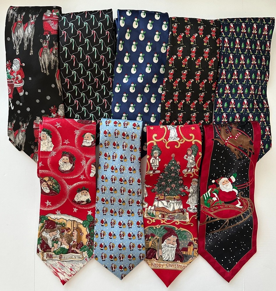 Lot of 9 Men Neck Ties Novelty Christmas Holiday, Santa Golfing, Snowman, Candy