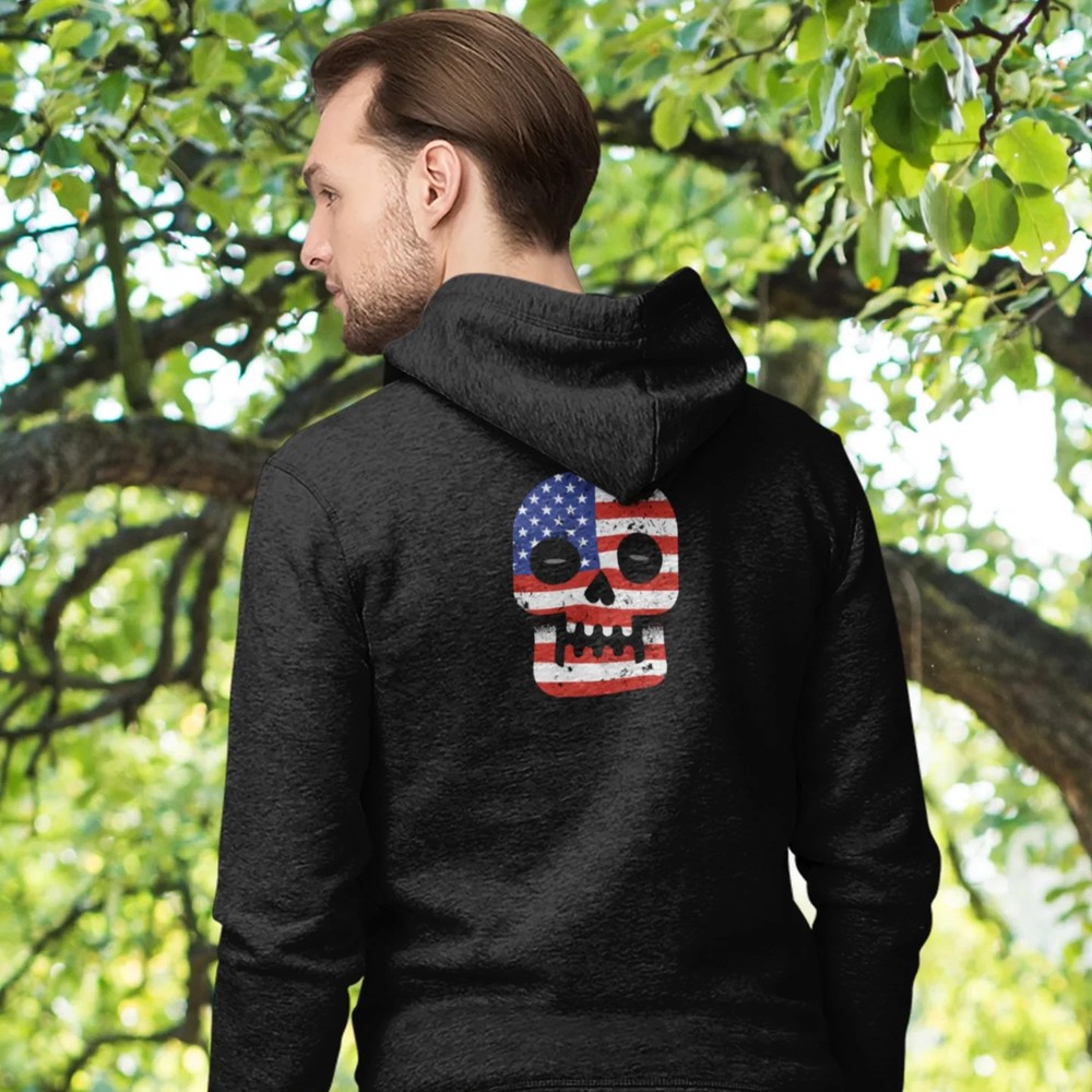 Mens Full Zip Hoodie Streetwear Flaming Skull Back Print Graphic Fleece Jacket