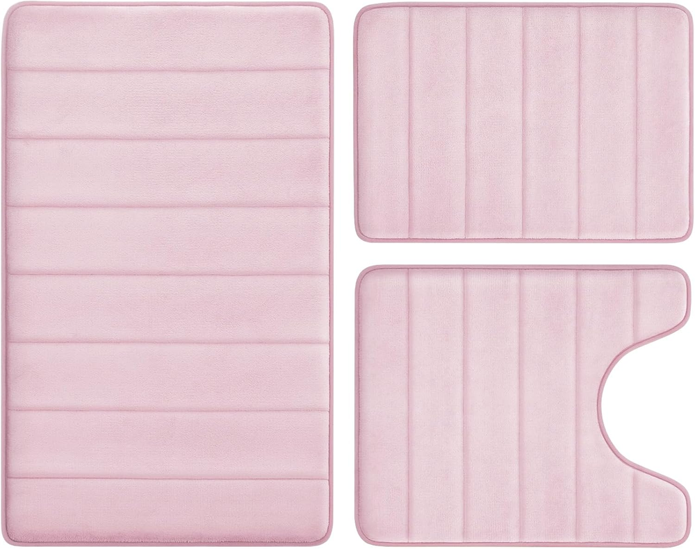 Pink Memory Foam Bathroom Rug Set 3 Piece, Non Slip Extra Soft Absorbent Machine