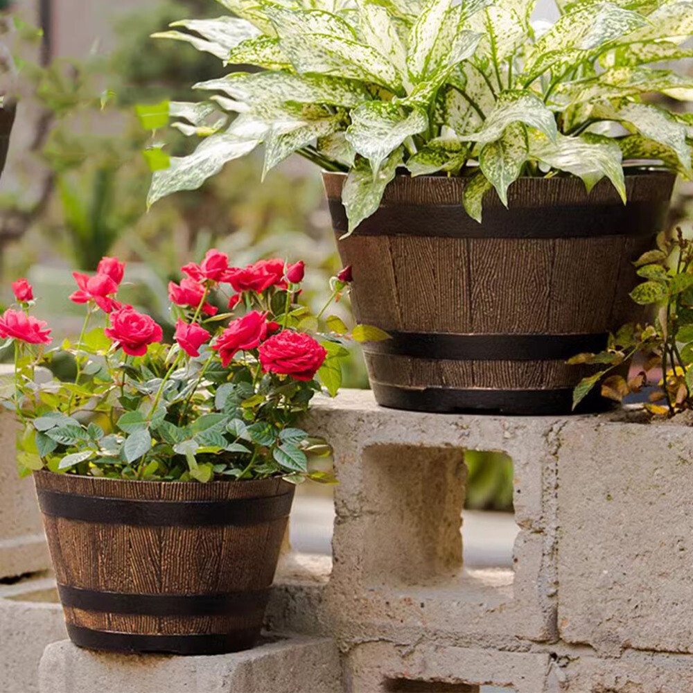 Plastic Whiskey Barrel Planter Decorative Bonsai Pots Retro Flower Small