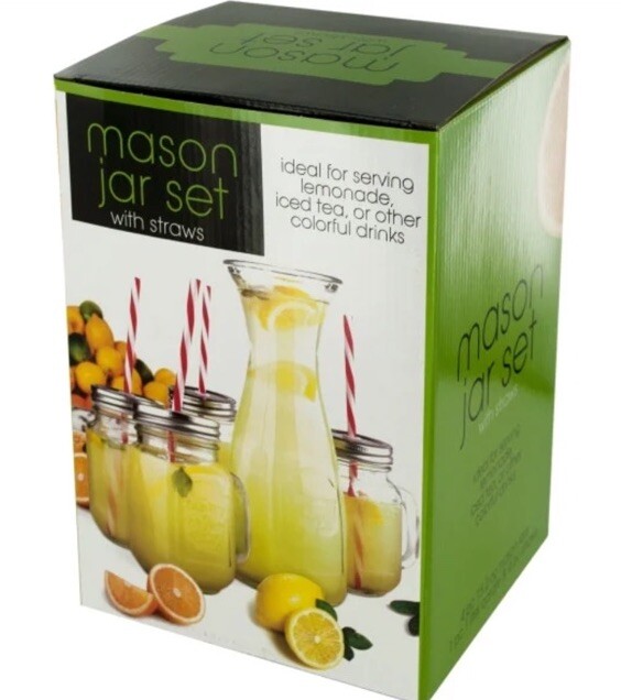 4-Piece Mason Jar Set with Reusable Straws & Carafe - Versatile Drinkware  