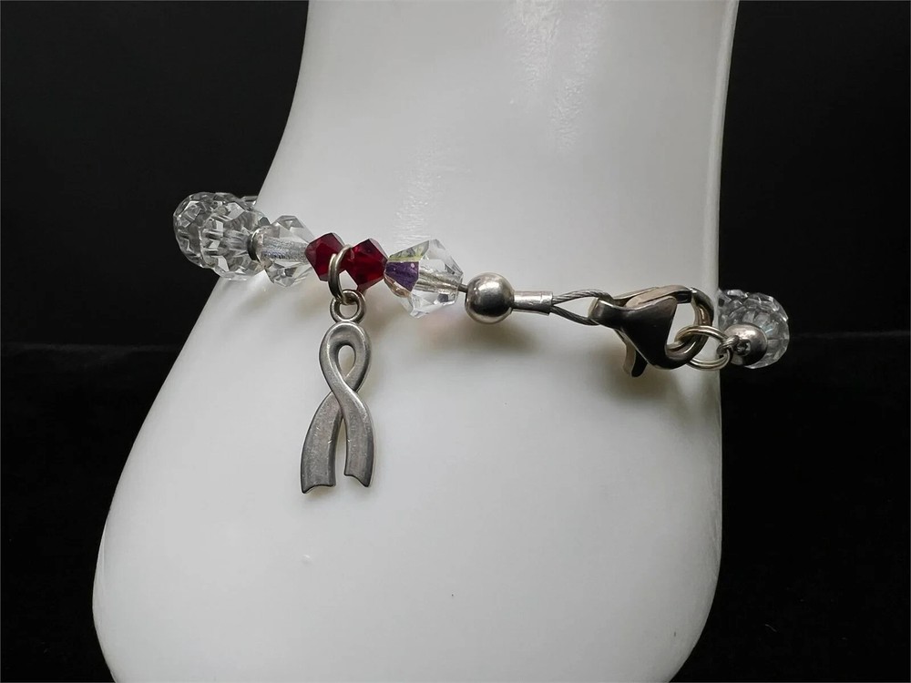Sterling Silver Breast Cancer Awareness Red and Clear Crystals Beaded Bracelet