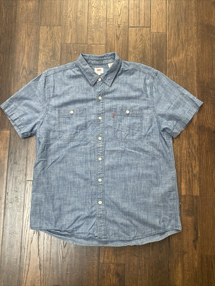 Levis Short Sleeve Shirt Blue Chambray Button Up Front Pocket Men Size: XL