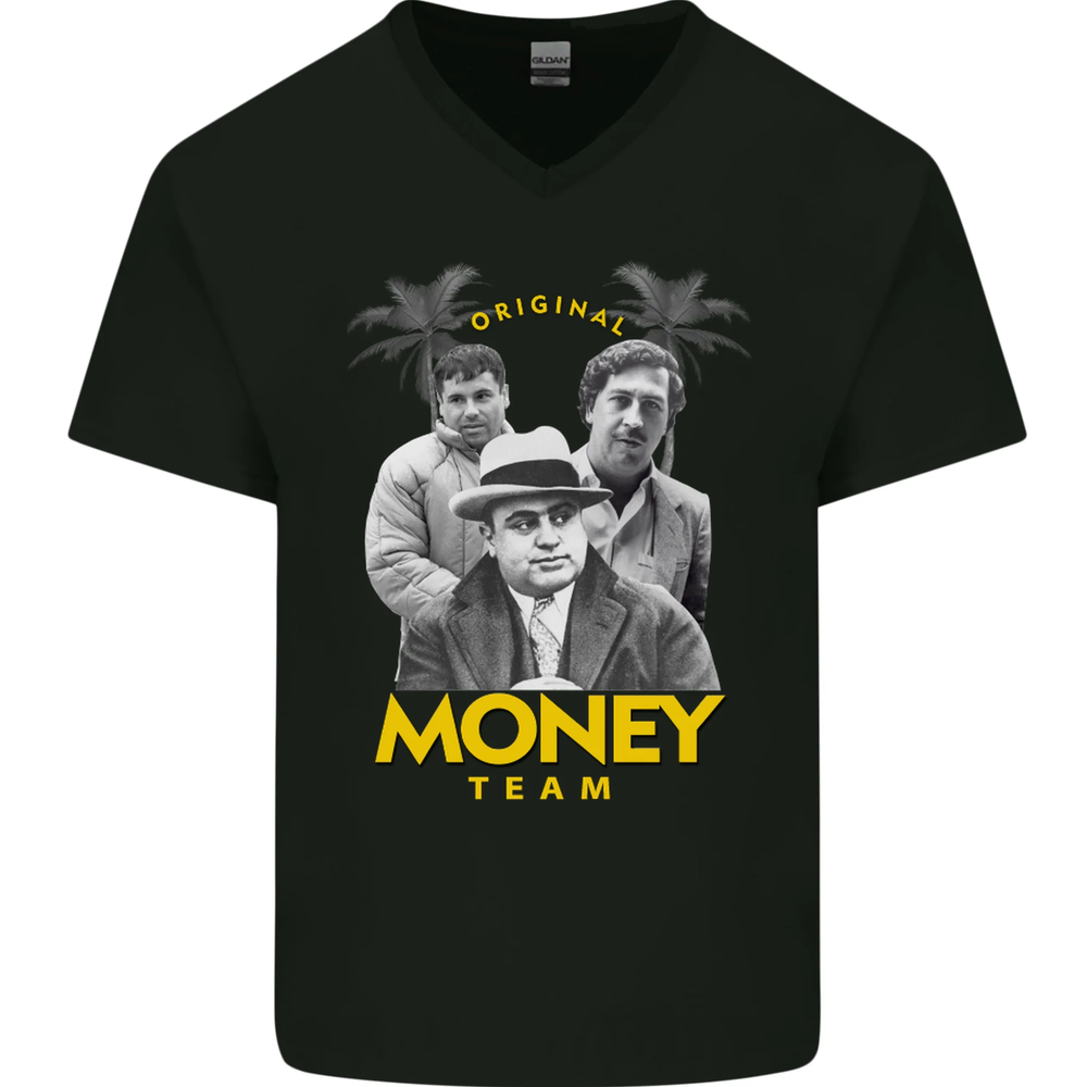 Money Team Pablo Escobar El Chapo Al Capone Mens V-Neck Cotton T-Shirt