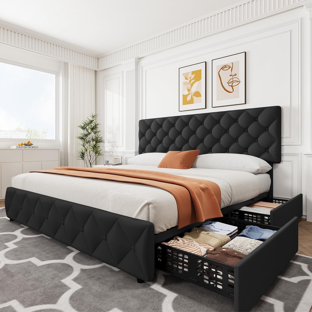 King Size Upholstered Platform Bed Frame with Headboard and 4 Storage Drawers