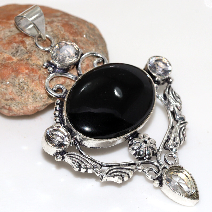 Black Onyx White Topaz 925 Silver Plated Long Pendant 3
