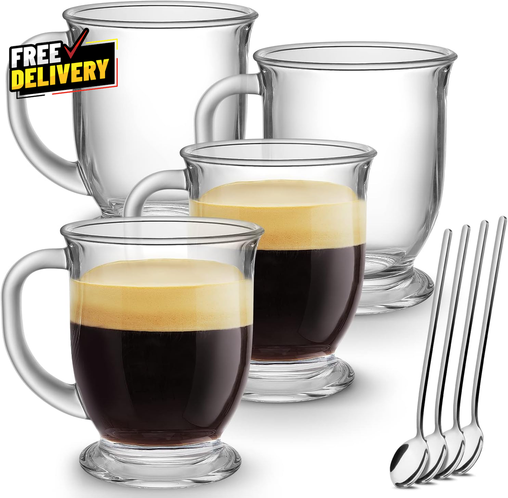 Glass Coffee Mugs Set of 4 Clear Large Coffee Mug 15 Oz with Handles for Hot B..
