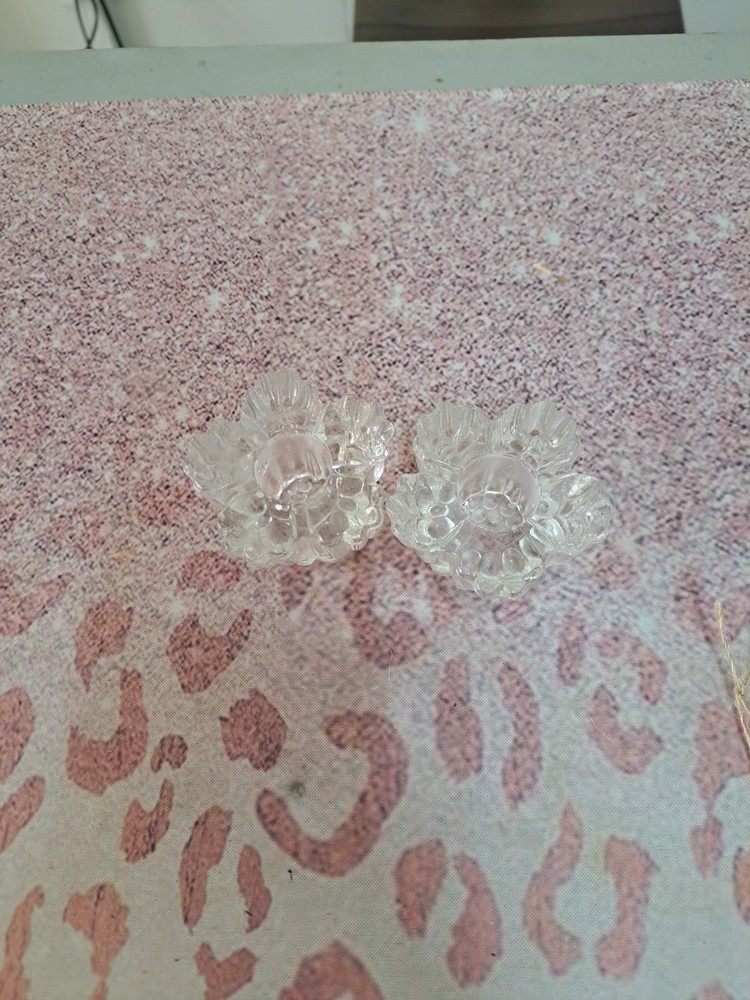 Candlestick Holders, Flower, Clear Glass For Taper Candles Set Of 2 -  2.5”