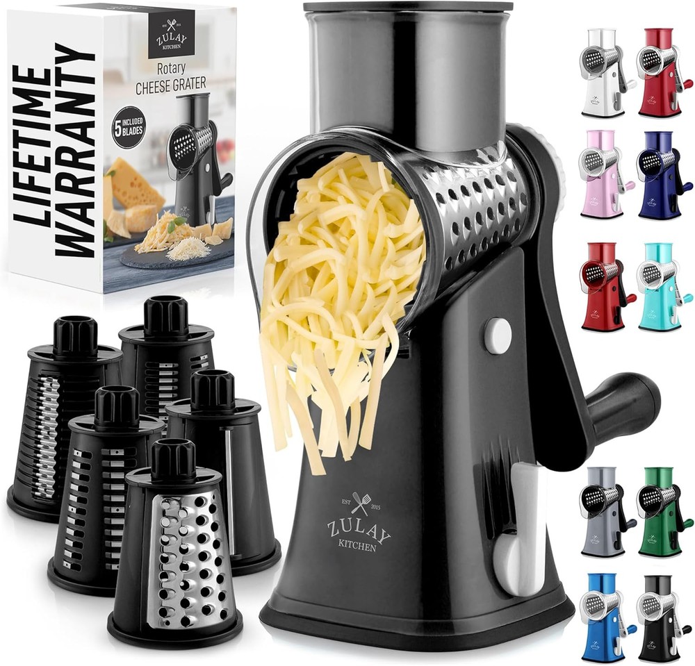 Zulay 5-Blade Rotary Cheese Grater Manual Shredder in Jet Black  
