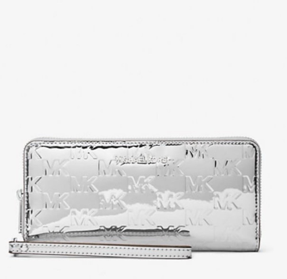 Michael Kors Silver Jet Set Metallic Logo Embossed Wallet Wristlet