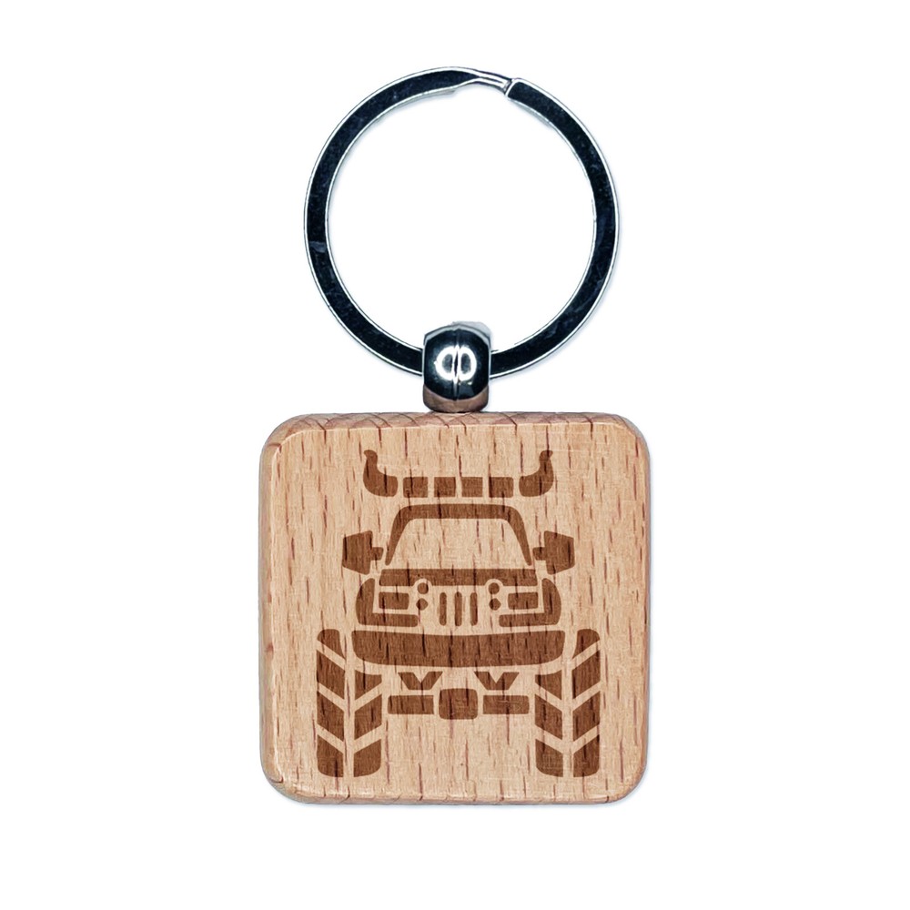 Monster Truck with Bull Horns Engraved Wood Square Keychain Tag Charm