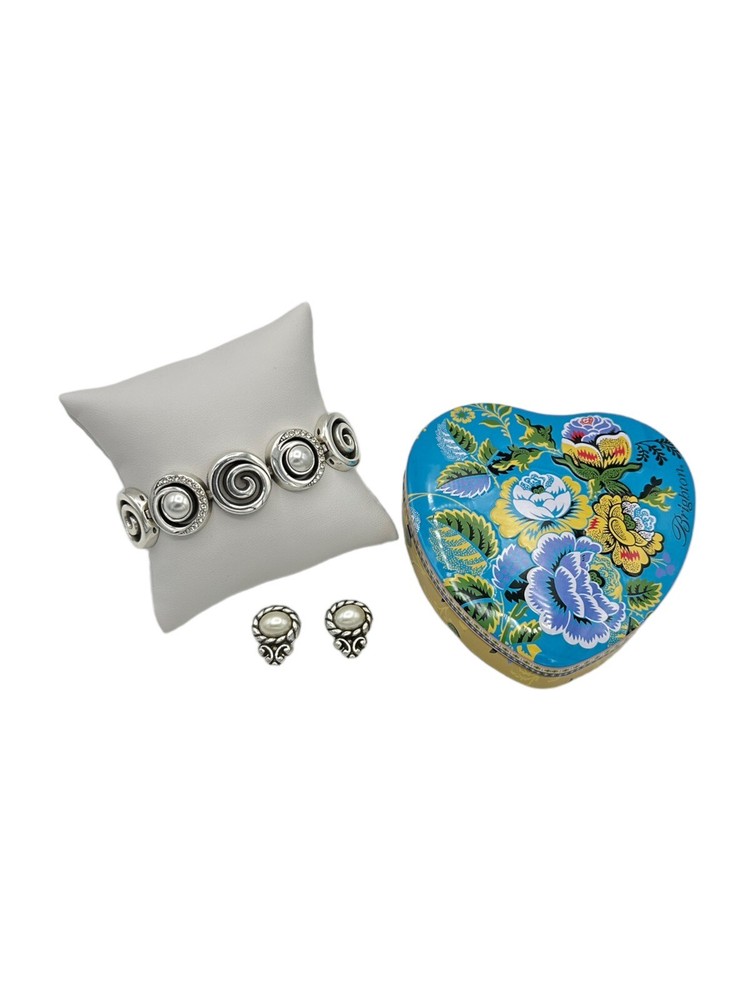 Brighton Silver Swirl Link Pearl Rhinestone Bracelet & Earring Set