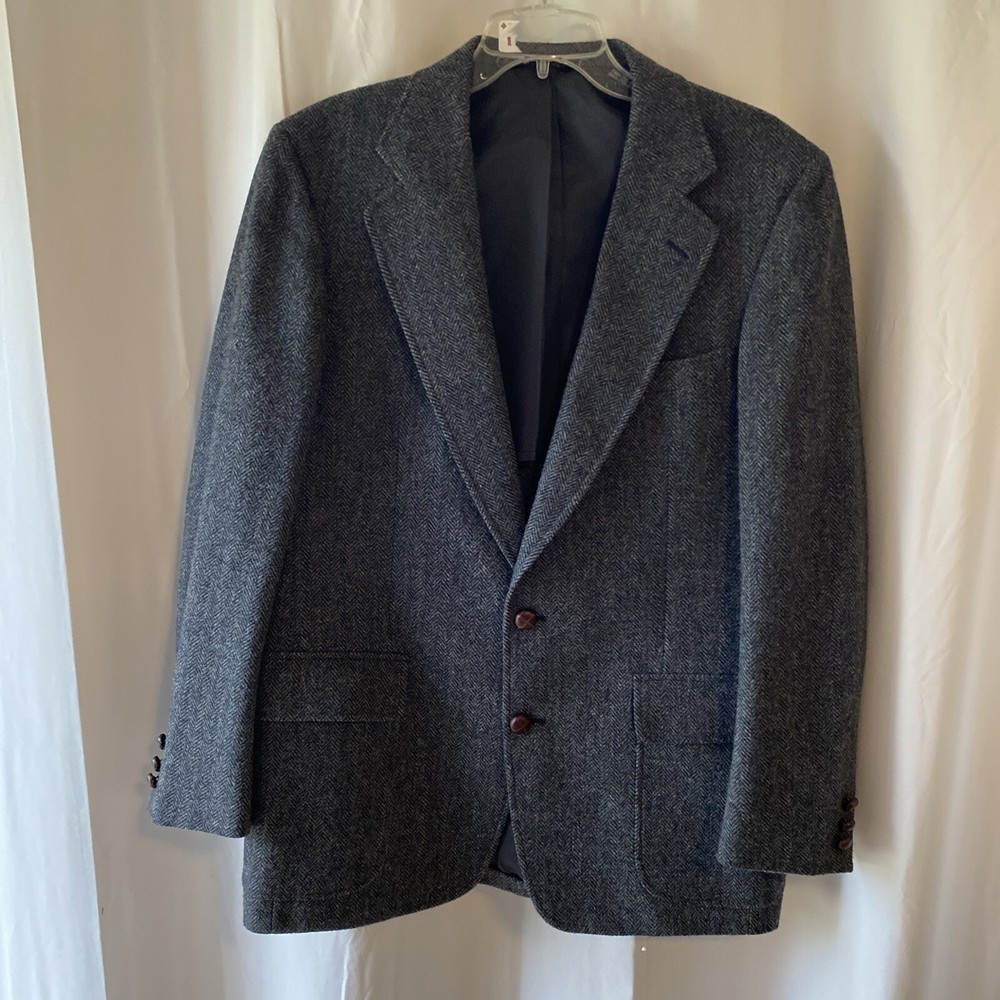 Cricketer Men’s Wool Blazer Blue Gray Herringbone Harris Tweed Size 40 2 Button