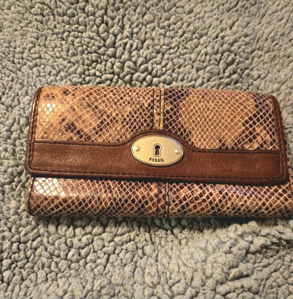 Fossil Wristlet Wallet Snakeskin Brown Leather Zip Clutch Small Womens