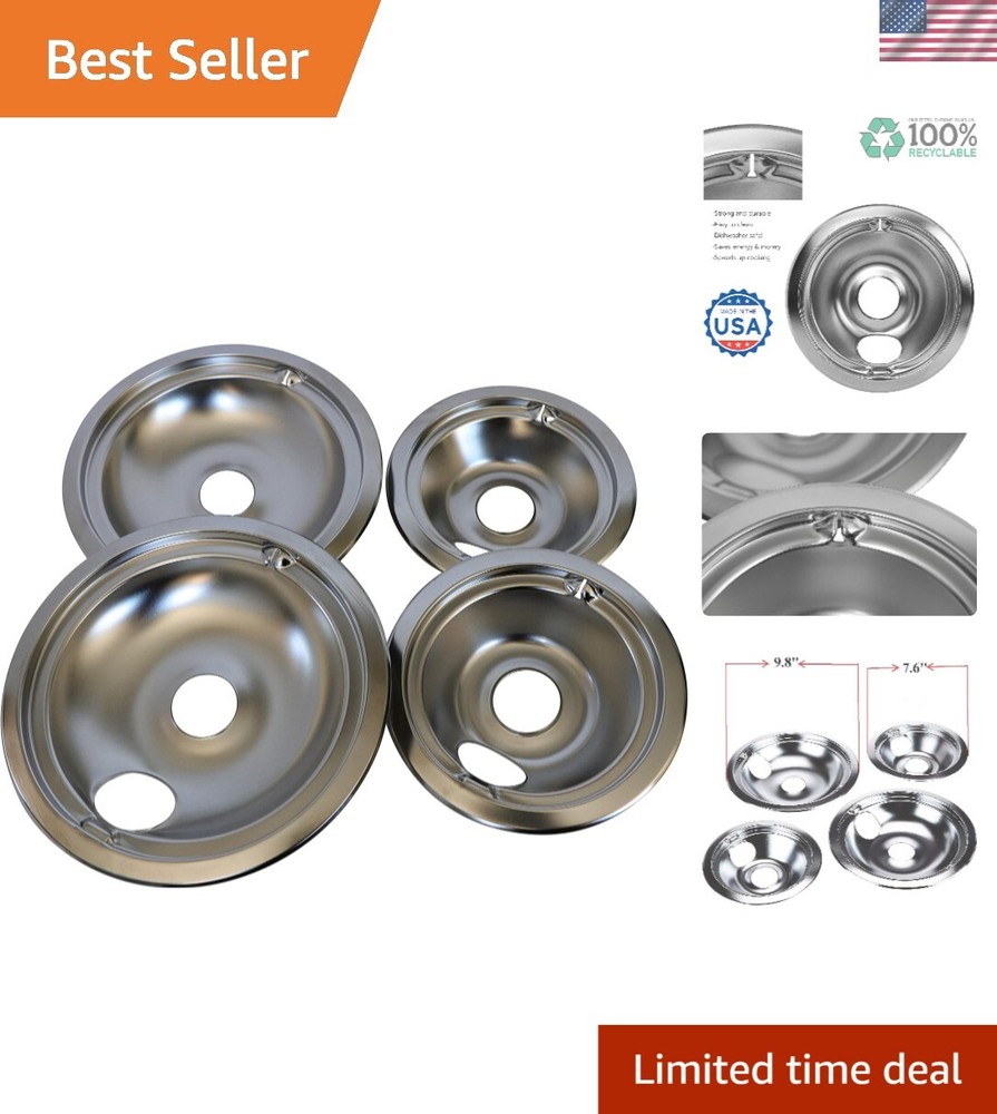 4 Pack Chrome Burner Drip Pans - 2 Sizes, Eco-Friendly & USA Made