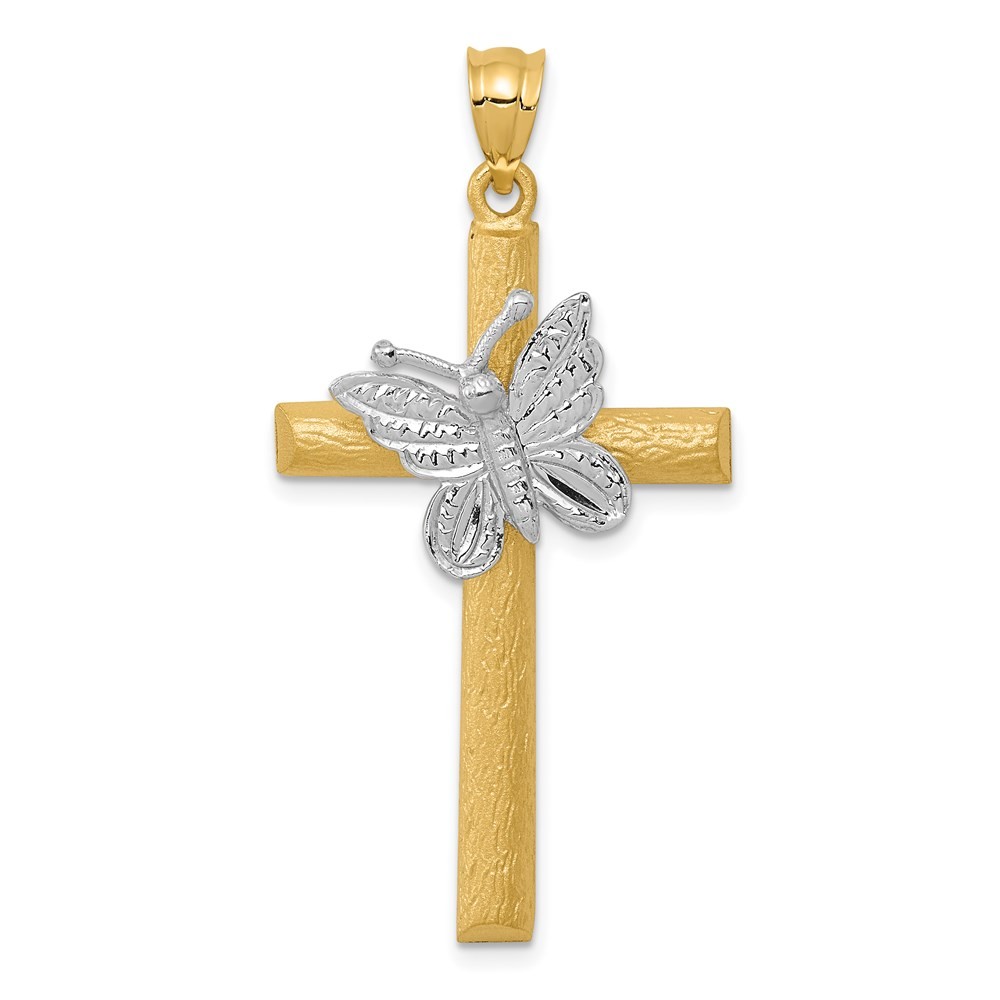14K Two-tone Gold Cross with Butterfly Pendant L-1.7 Inch, W-0.87 Inch