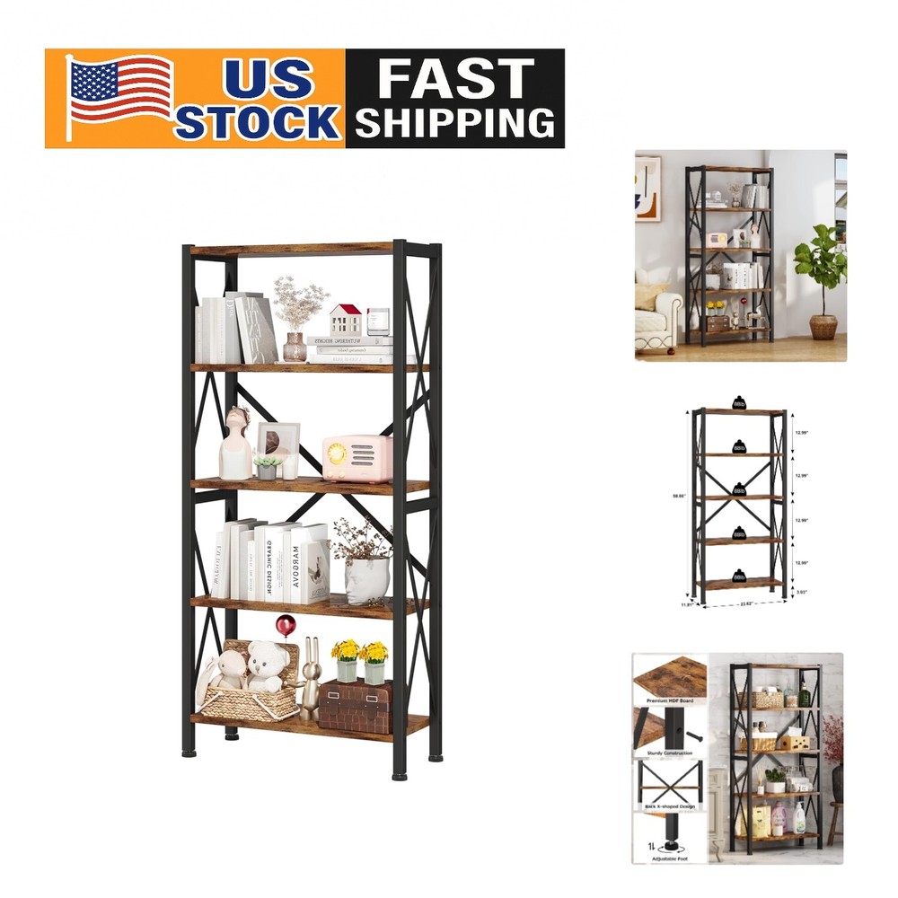 5-Tier Wooden Shelf Bookcase with Sturdy Metal Frame for Versatile Storage