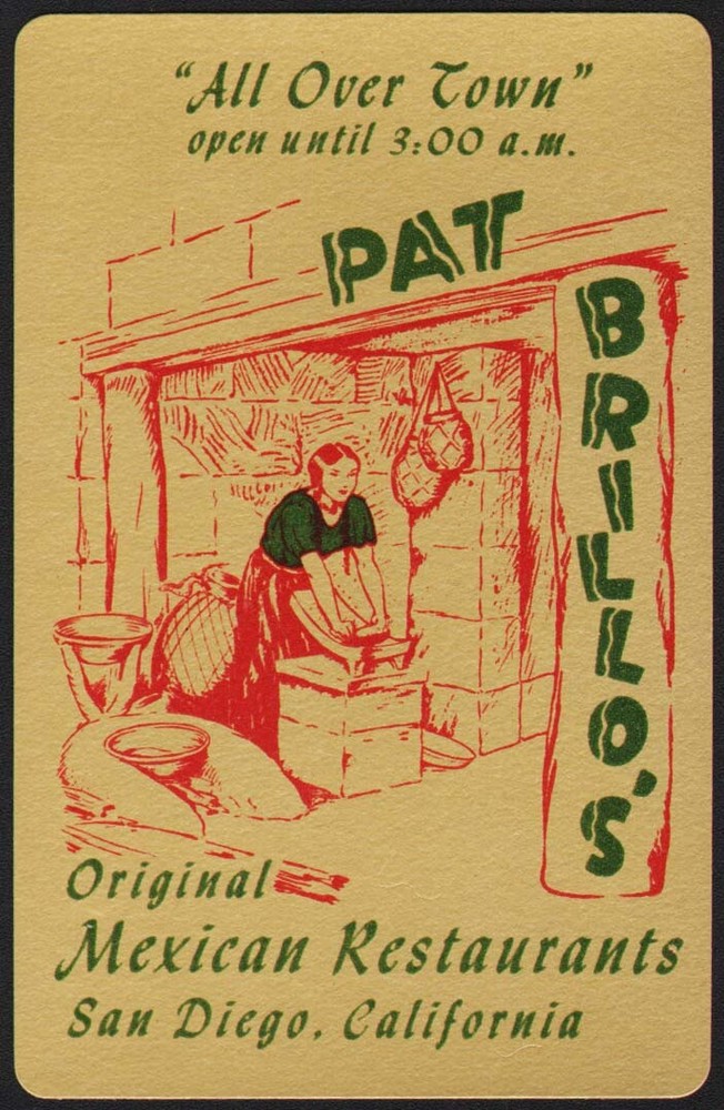 Vintage PAT BRILLOS Mexican Restaurants Playing Card - Cooking Woman San Diego CA Collectible