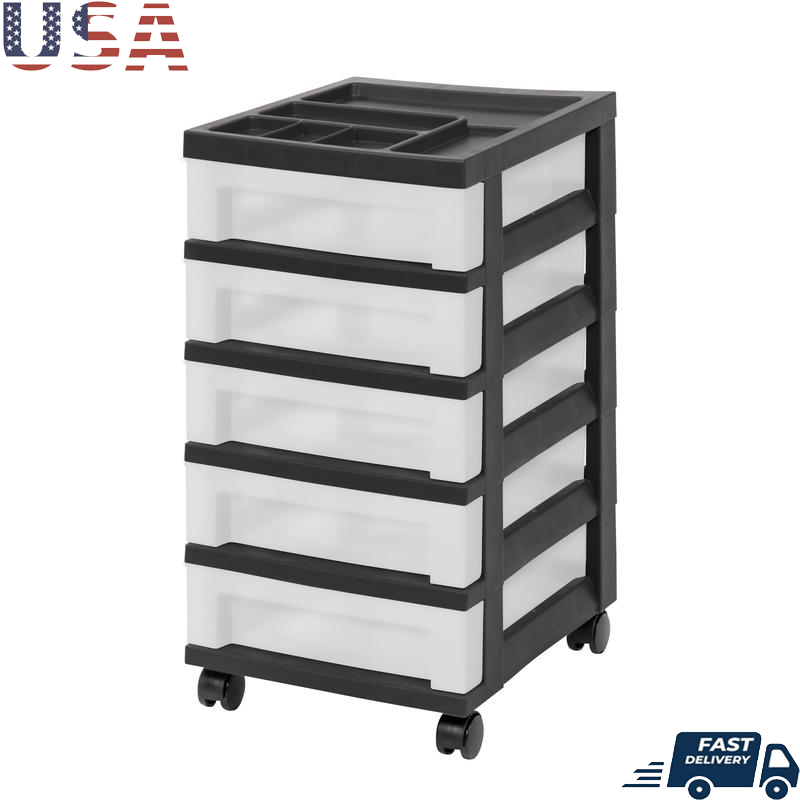 5-Drawer Narrow Plastic Storage Drawer Cart with Organizer Top Dorm Room Office