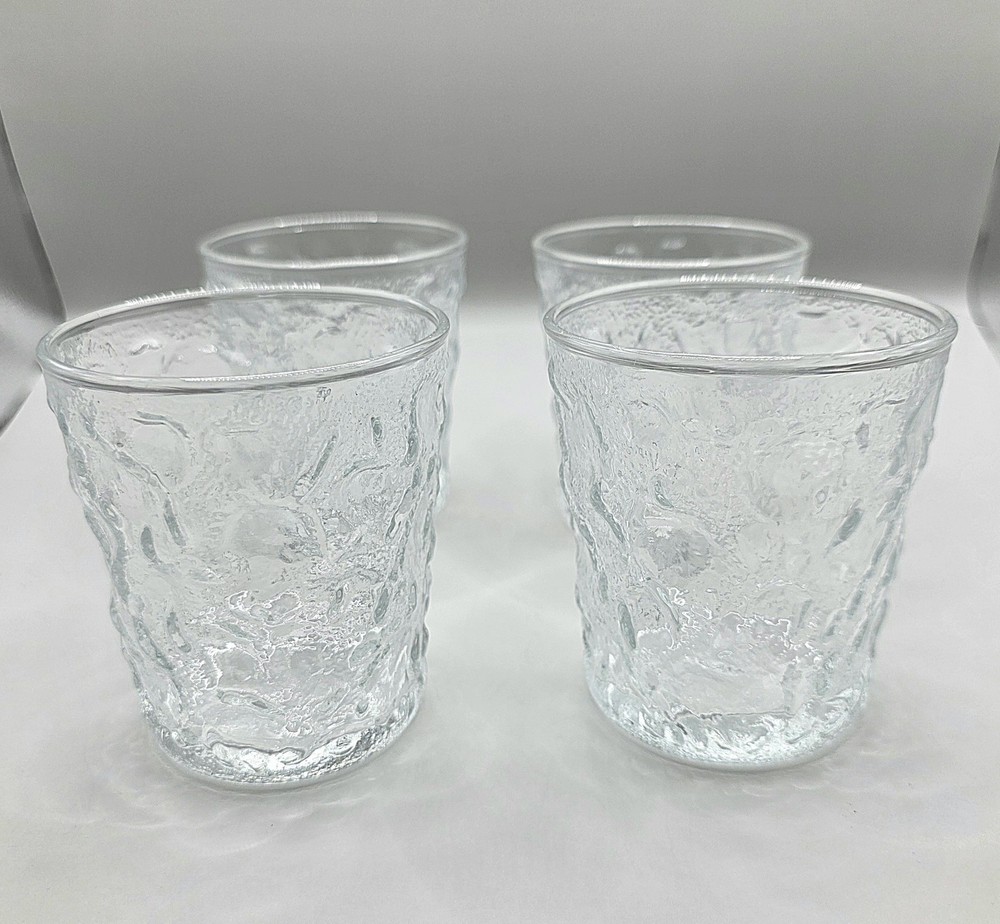 Clear Crinkle Glass Tumblers Textured Melted Ice Look Juice Rocks MCM Set Of 4