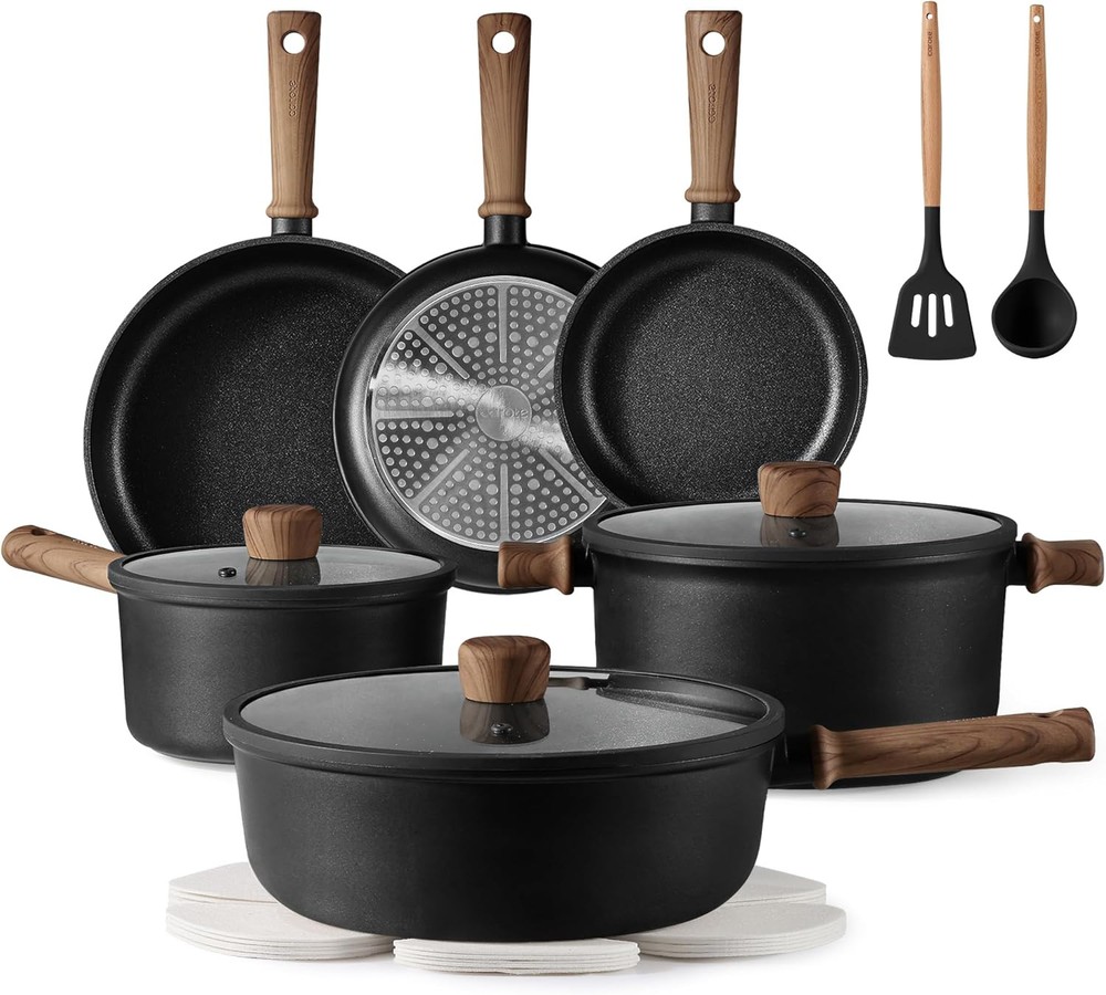 CAROTE 16-Piece Nonstick Pots and Pans Set in Sleek Black