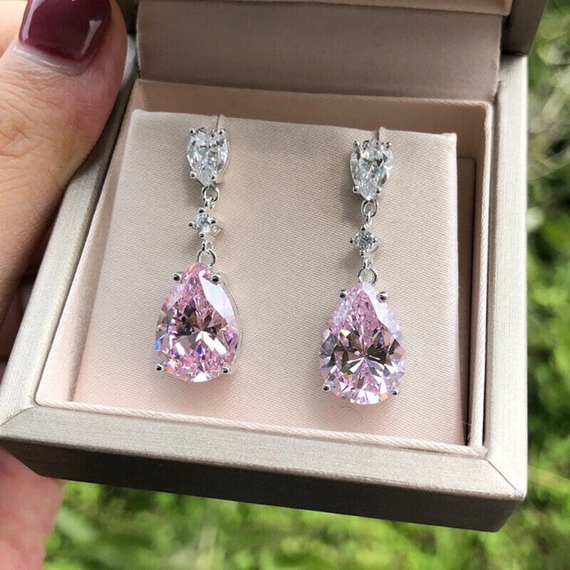 14k White Gold Plated 3Ct Pear Cut Pink Sapphire Simulated Drop Earrings