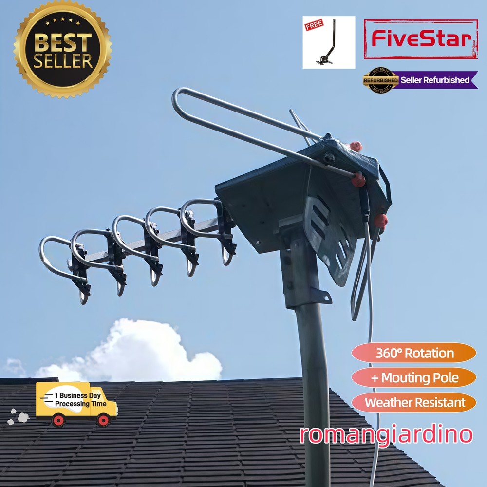 Outdoor TV Antenna Motorized Pole 360° Rotation 4K Amplified Limited Offer