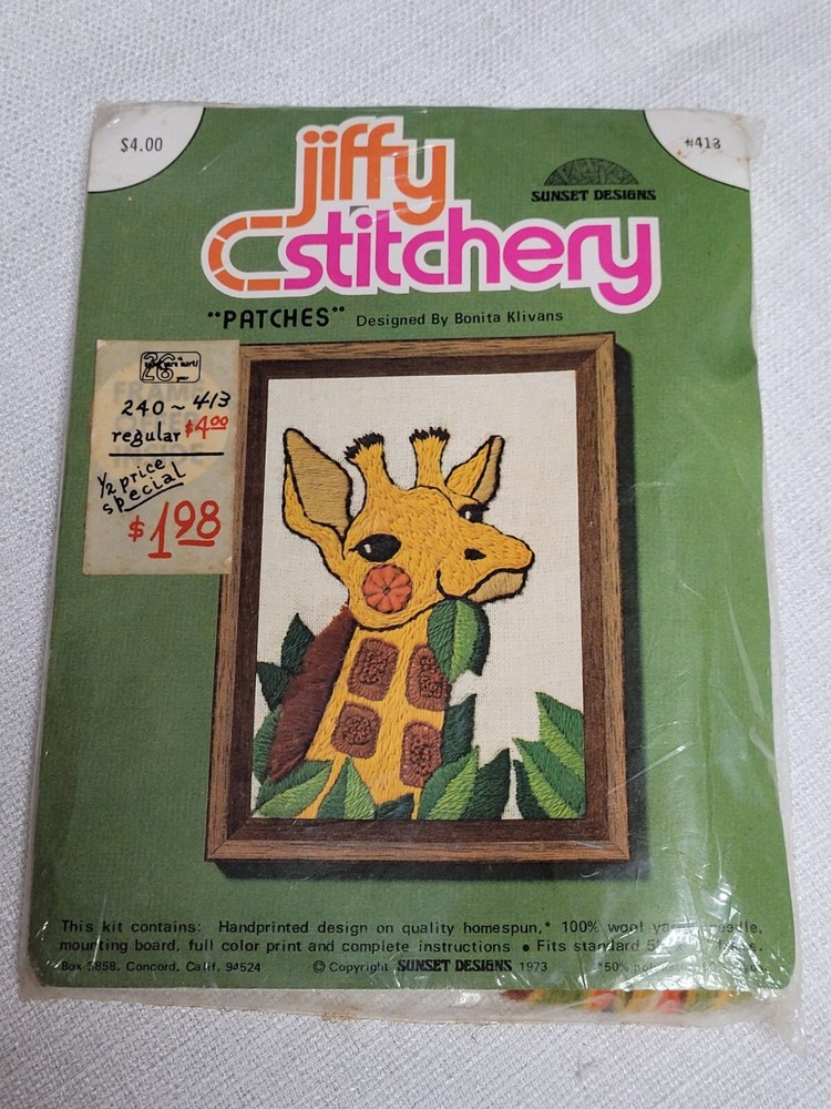 Vtg 1970s Sunset Designs Jiffy Stitchery Kit 413 PATCHES THE GIRAFFE 5x7
