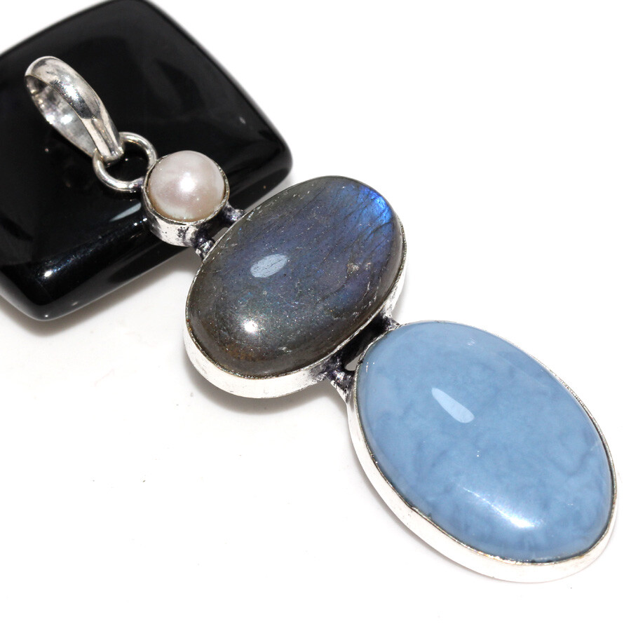 925 Silver Plated Owhyee Blue Opal Fiery Labradorite Long Pendant 2.6