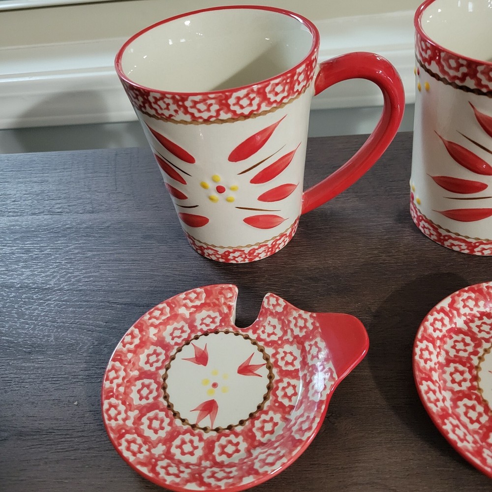 Temptations Hand Painted 14 oz. Mug & Coaster/Lid Set Old World Cranberry