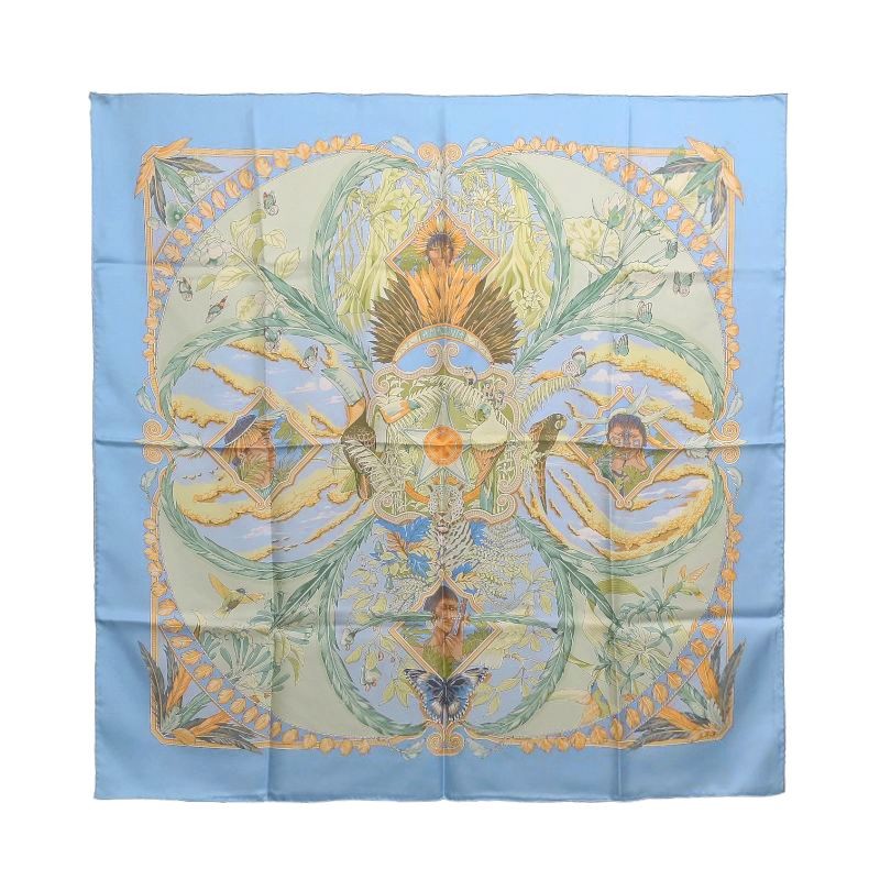 Hermes Carres 90 Amazonia Silk Scarf Light Blue Large Stole Returns Accepted