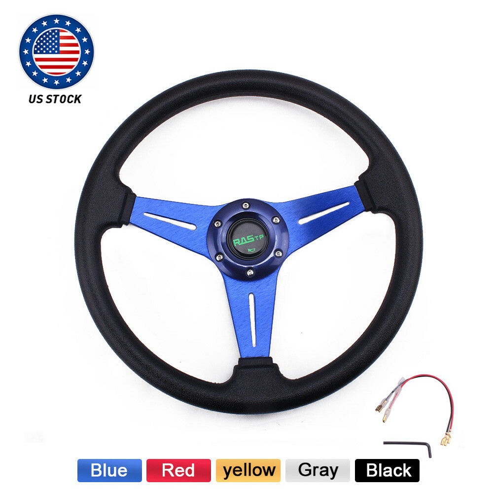 6 Bolt Blue 340mm Deep Dish Racing Steering Wheel with Horn Button  